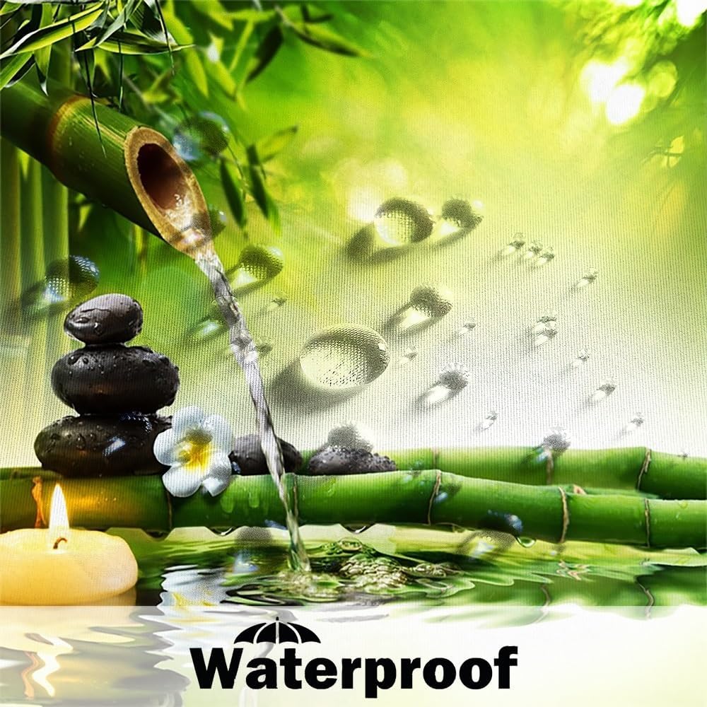 Leyiyi Spa Shower Curtain 3D Zen Garden Landscape Bathroom Curtains Spring White Floral Green Bamboo Black Stone Candle Water Ripples Waterproof Fabric Shower Curtain Set with Hooks 72x72 Inch