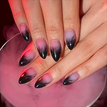 ohora Gel Press On Nails | Black, Onyx Ombre, Medium Almond | Dark Vein