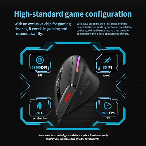 Miniatura 4 de zelotes Ratón vertical con cable, diseño ergonómico USB LED 2021 con 6 botones y 4 sensibilidad ajustable 800120024003200DPI para computadora, negro