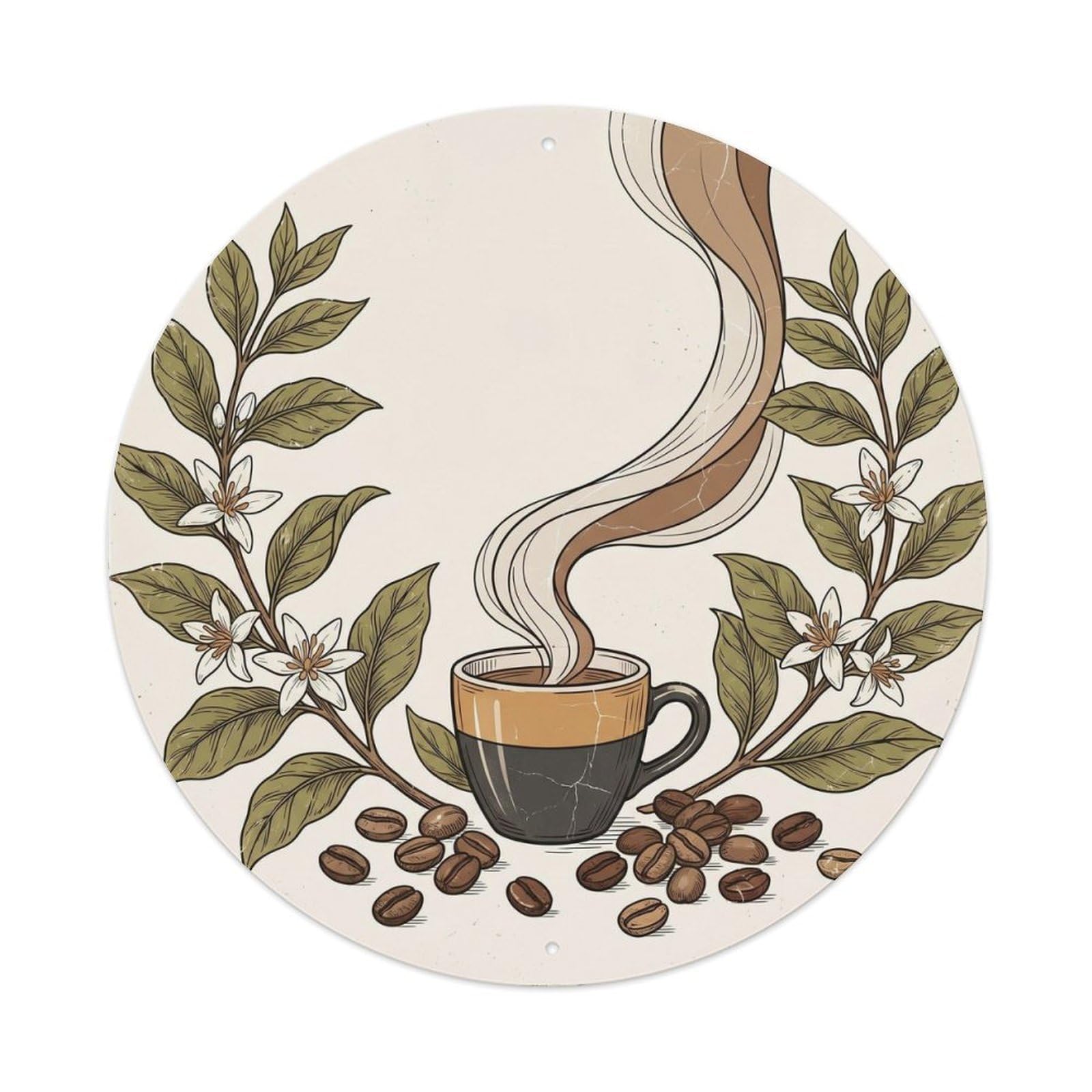 Morning Brew Coffeehouse Botanical Roasted Beans Still Life Metal Tin Sign Plaque Wall Decor for Cafe, Man Cave, Club Bar, Office, Home Garden Round Metal Poster 8x8Inch