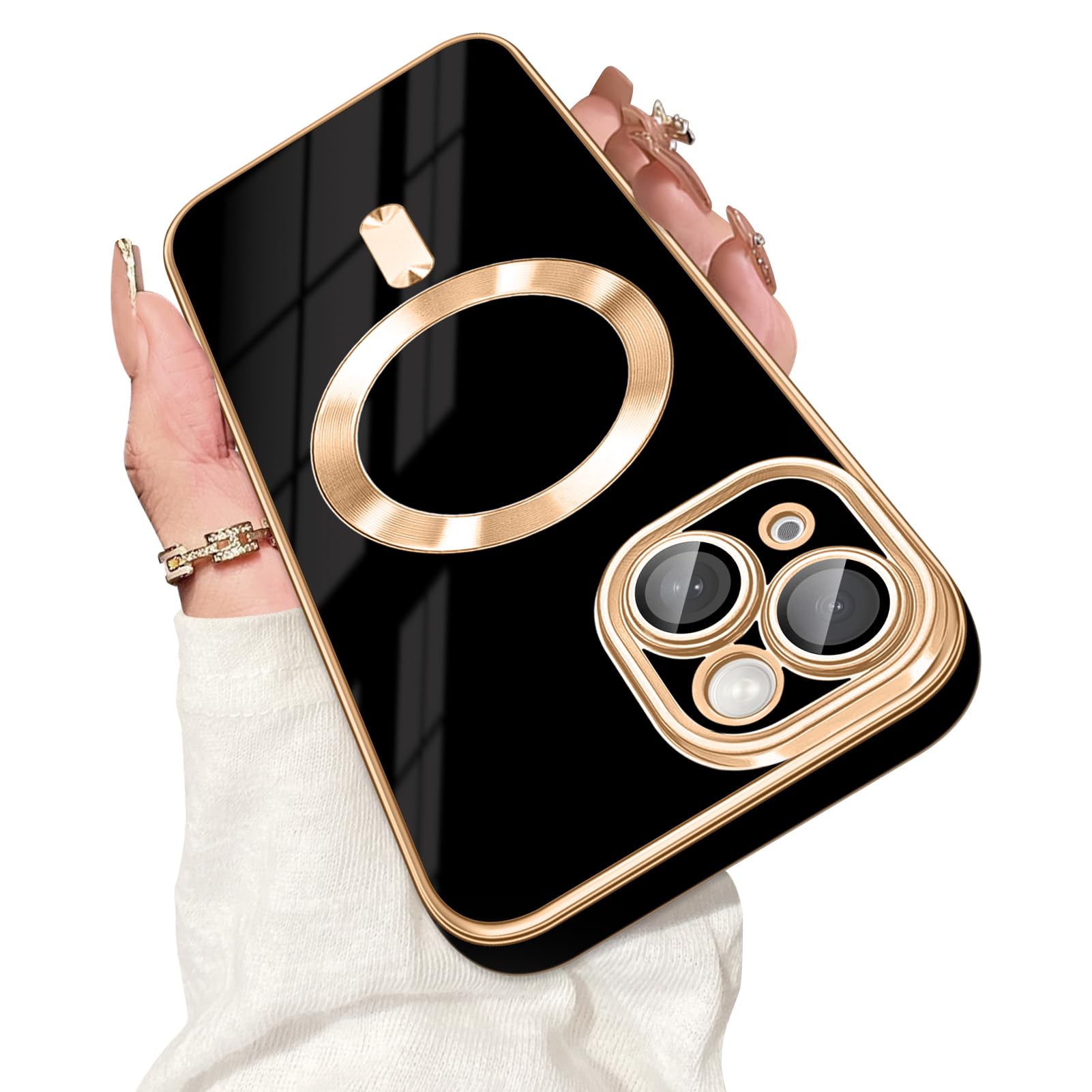 Photo 1 of Dinick Designed for iPhone 14 Case with Magnetic [Built-in Camera Cover] Compatible with MagSafe Soft TPU Glitter Cover Anti-Scratch Protective Slim for iPhone 14 Case Black and Gold