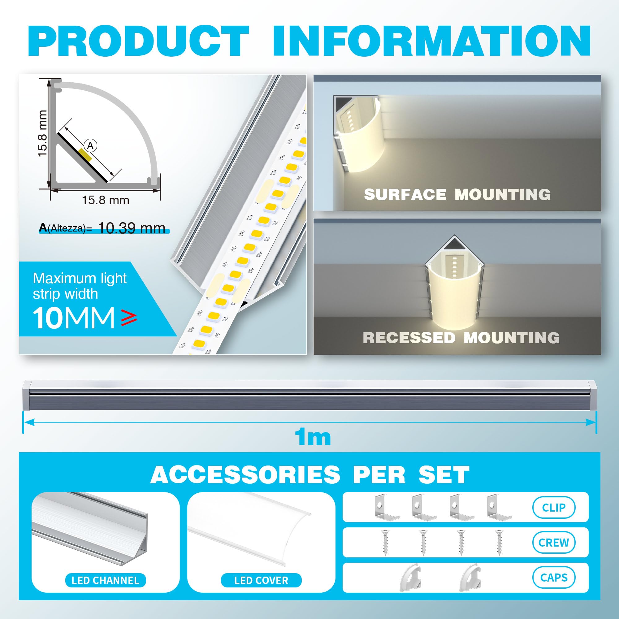 LED Eckprofil 1m x 10 – V-Form Aluprofil Profile 45 Grad mit Diffusor, Endkappen und Clips – LED Kanäle Leiste Diffusor Schiene für Streifen mit maximal 10 mm Breite