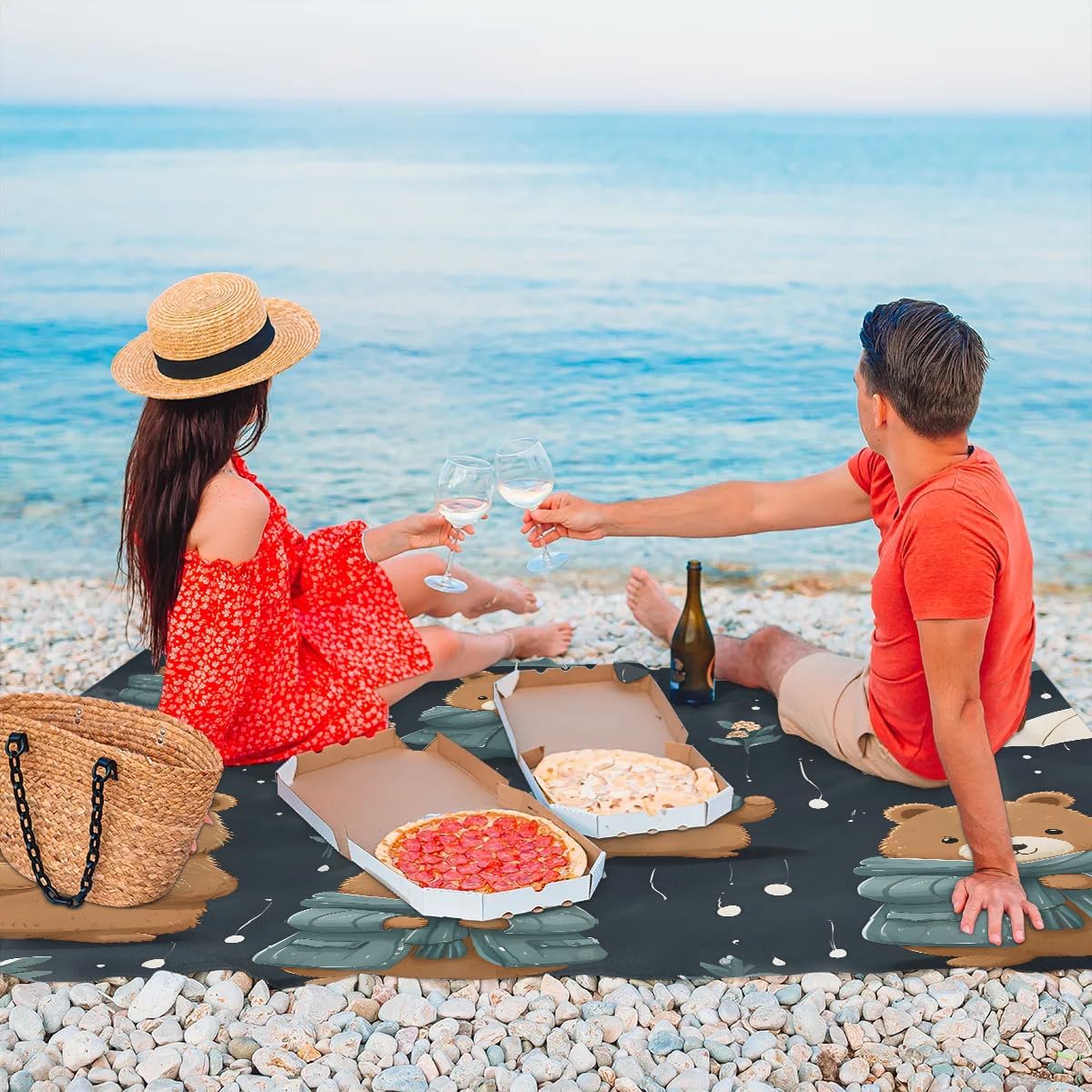 Honeybaby Beach Blanket Waterproof Sandproof Cute Bears Beach Mat Sand Free 59''×68'' Lightweight Portable Outdoor Blanket for Picnic Camping Travel Hiking