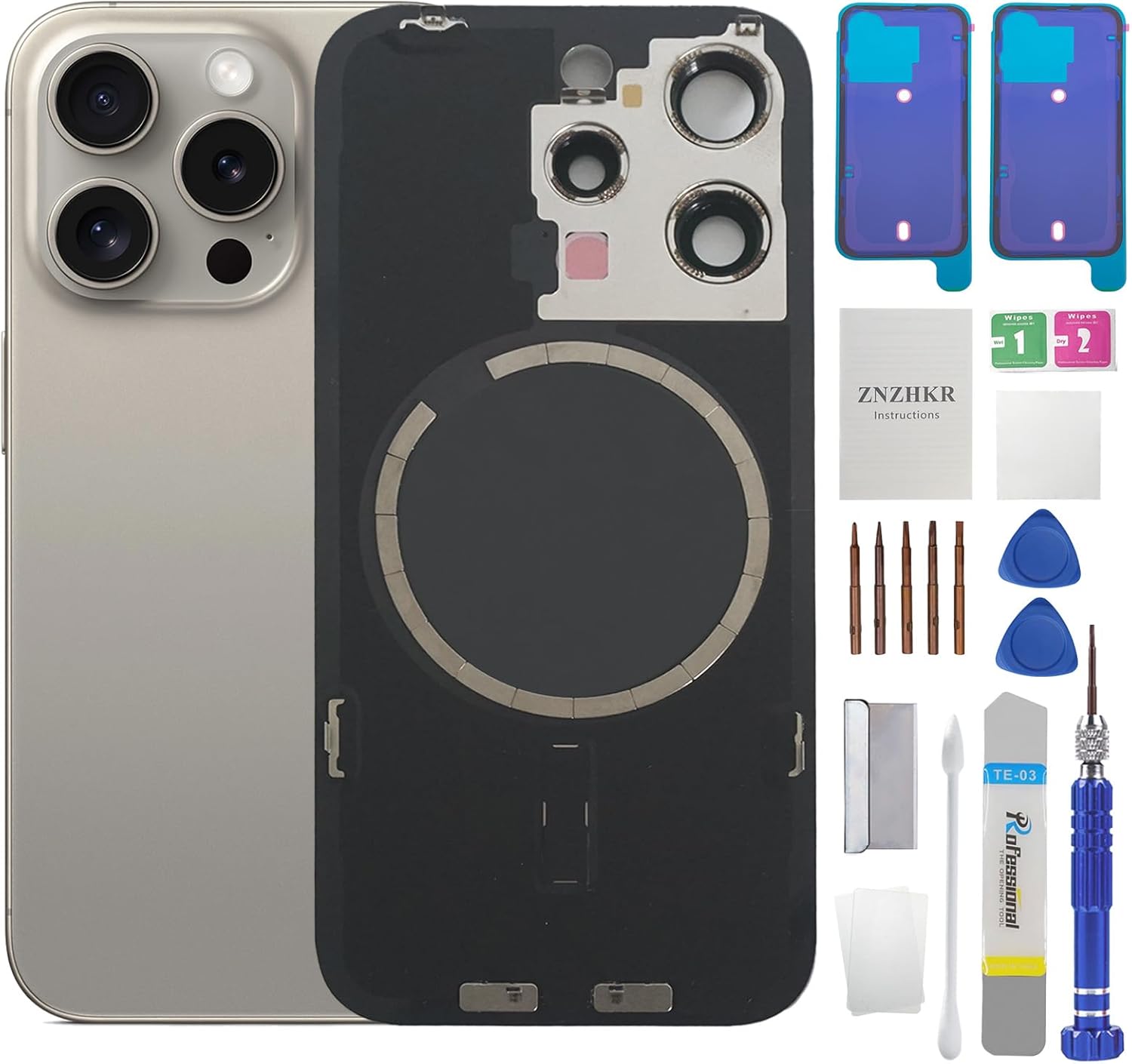 15 Pro Back Glass Replacement with Metal Camera Frame &Magnet for iPhone 15 pro (6.1-inch Natural Titanium) & Includes Replacement Tools
