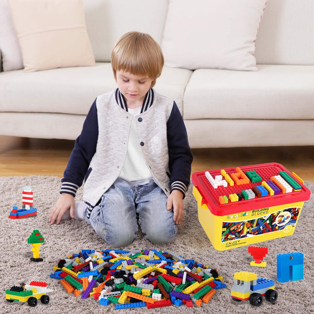 burgkidz Set di 520 Mattoncini da Costruzione con Contenitore Riutilizzabile, 500 Mattoncini di Base in 10 Colori con Ruote, Finestre e Porte, Blocco di Massa per Bambini 4-8 Anni, Ragazzi e Ragazze