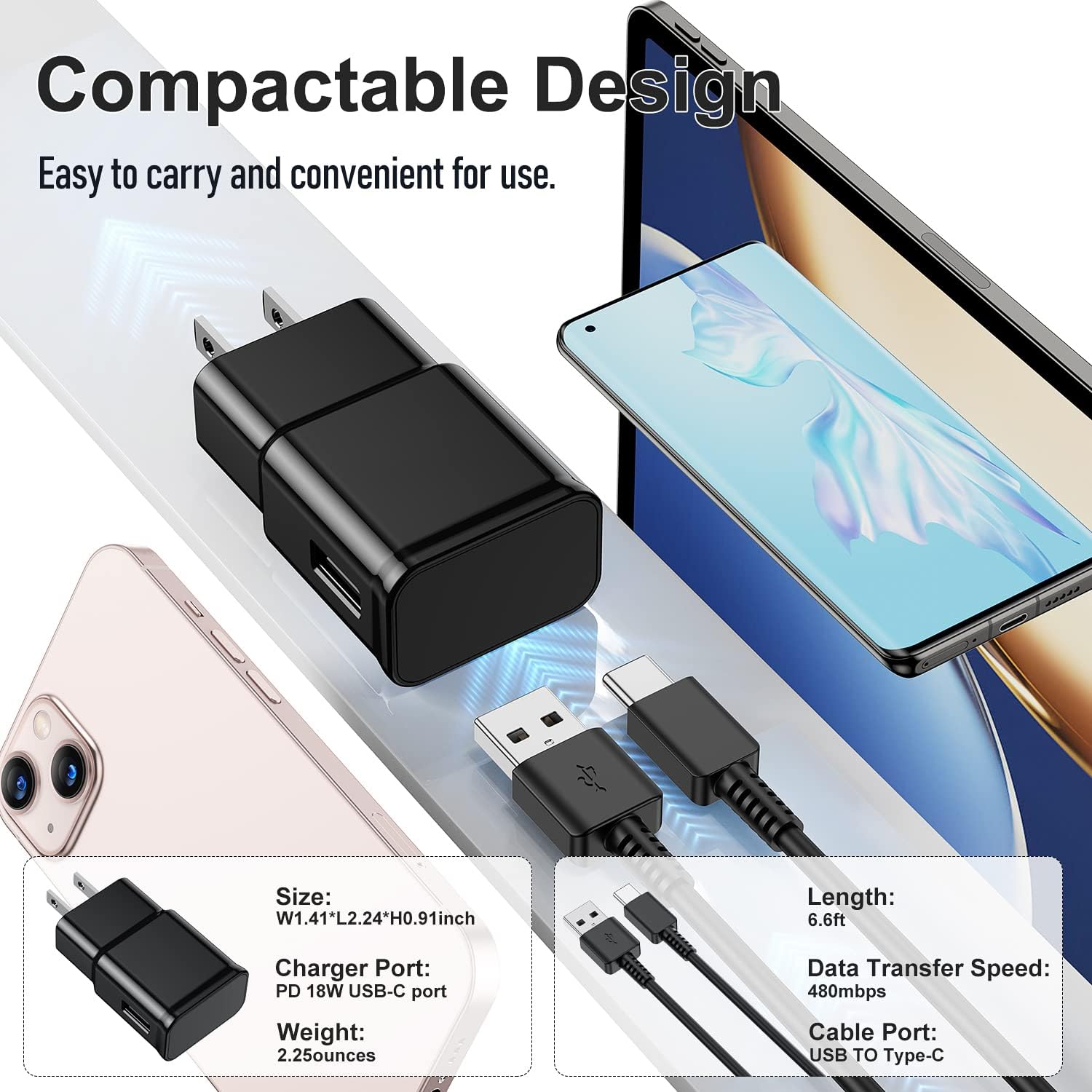 for Samsung Galaxy S10/S9/S8 2Pack Adaptive Android Phone Charger with USB Type C Fast Charging Cable for Galaxy S10E/ S20/S20/S21/Note 8/9/10/20/A70/A50/A51/A52/A42/A32/A13/A12 Ultra Plus 6Ft Black
