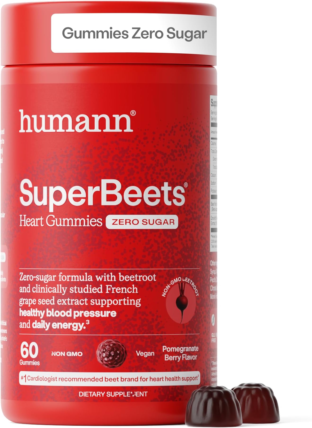 SuperBeets Heart Gummies - Beet Gummy with Energy Support, Grape Seed Extract & Beetroot Powder, Sugar Free - Pomegranate Berry Flavor, 60 Count