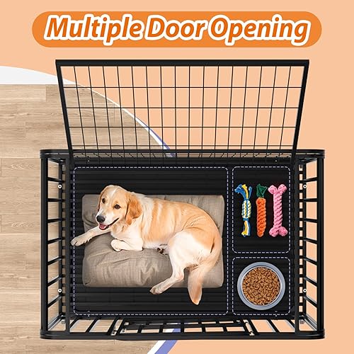 Miniatura 7 de Jaula indestructible para perros de 48 pulgadas a prueba de escapes con ruedas, jaula de acero de alta ansiedad para interiores con bandeja