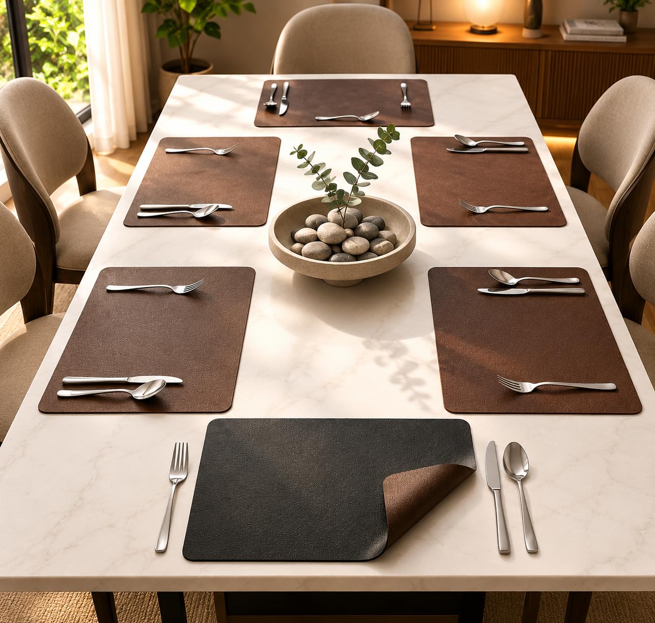 Premium Double-Sided PU Leather Placemats Set of 6 | Reversible Brown & Black Table Mats | Waterproof, Heat Resistant Dining Mat | Easy to Clean Non-Slip Placemats | 45 x 30 cm-image-24