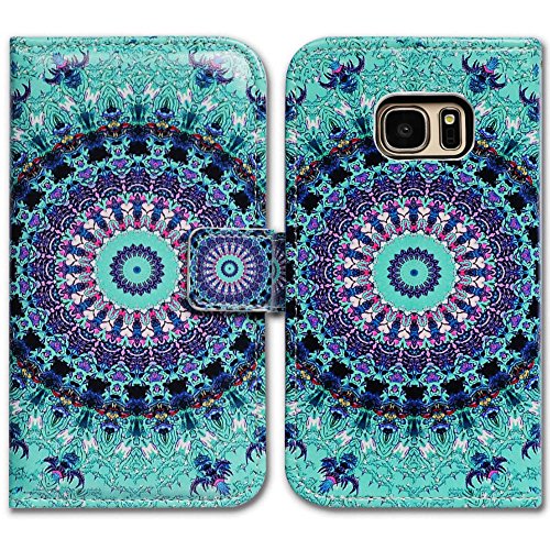 Bcov Galaxy S7 Case,Bfun Packing Green Mandala Design Card Slot Wallet Leather Cover Case for Samsung Galaxy S7