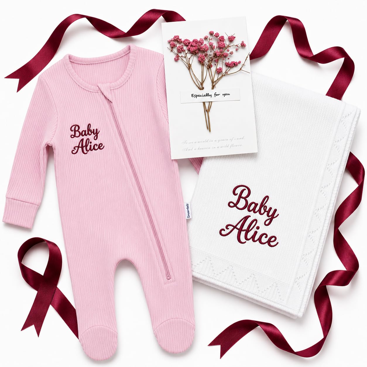 Personalised Baby Blanket & Romper Gift Set, Embroidered Name (O7, 6-12M)