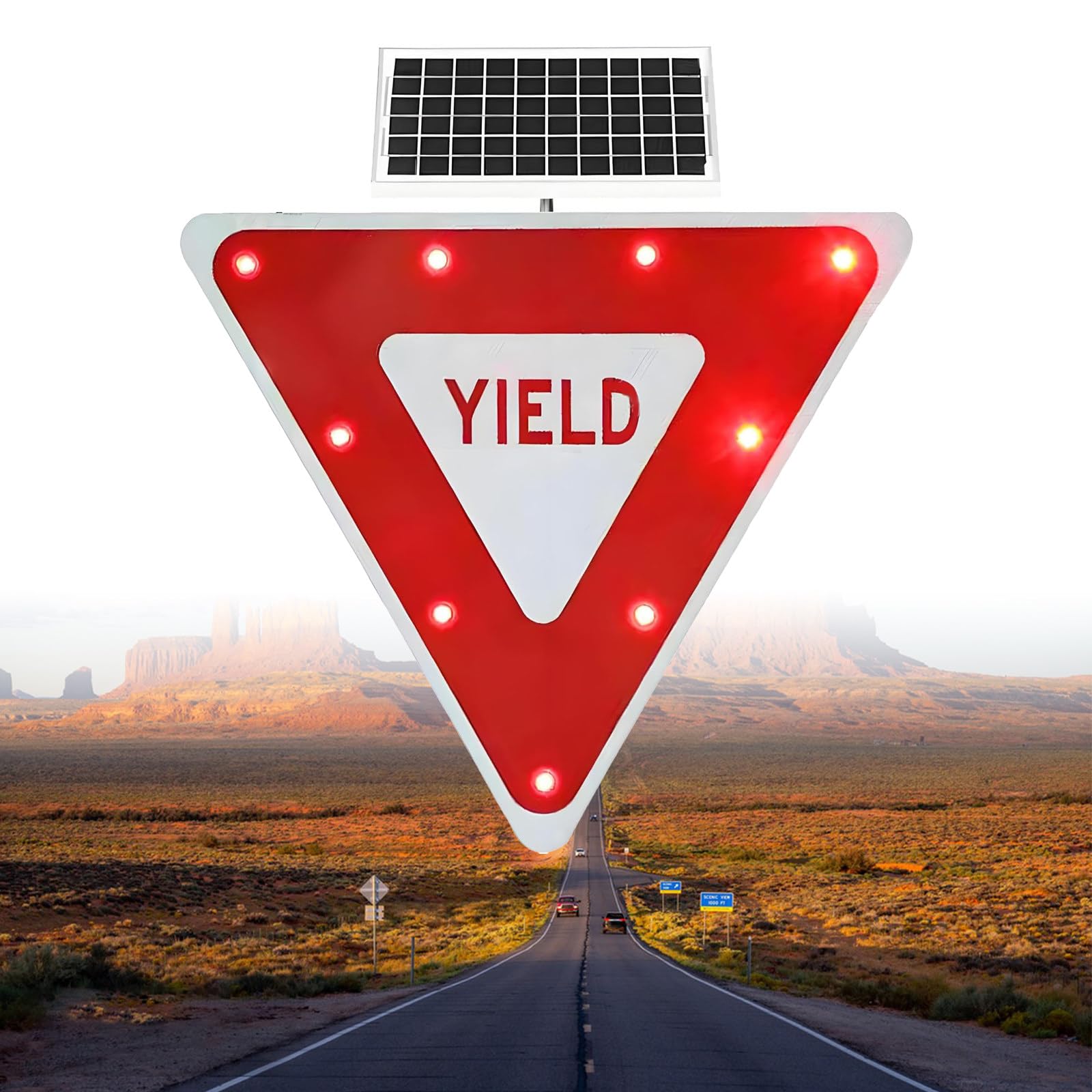 Señal De Ceda El Paso De 24 Pulgadas/28 Pulgadas, Señal De Ceda El Paso LED Intermitente con Energía Solar, Señal De Tráfico con Forma De Triángulo Invertido, Color Rojo 2Pc-24''