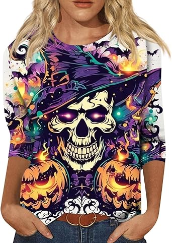 Cute Funny Halloween Shirts for Women Plus Size 3/4 Length Long Sleeve Womens Tops Witch Gothic Renaissance Shirt