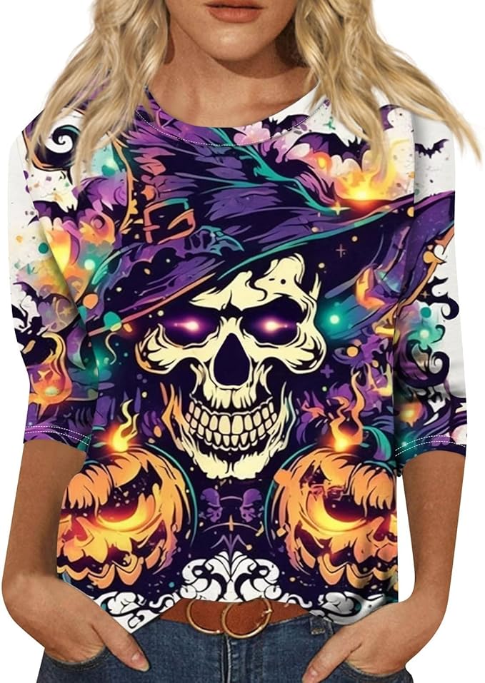 Cute Funny Halloween Shirts for Women Plus Size 3/4 Length Long Sleeve Womens Tops Witch Gothic Renaissance Shirt