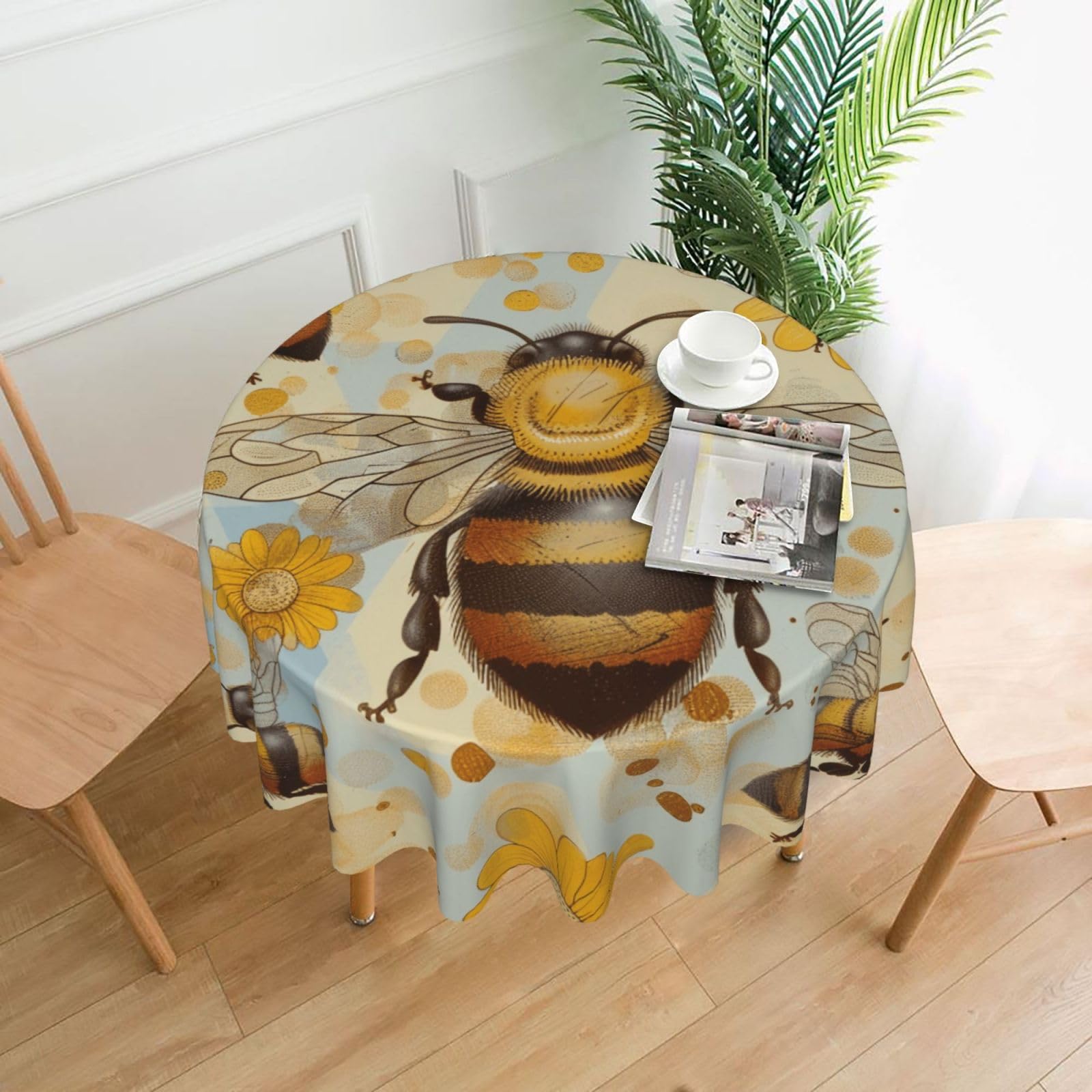 WPKJU Honey Bee Printed Round Tablecloth 60 in Water Resistant Table Cover Washable Table Cloth for Dining Tables