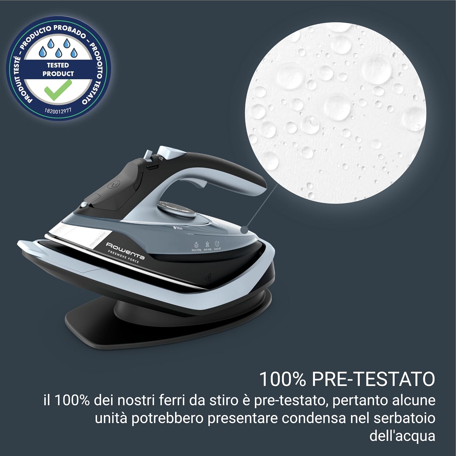 Rowenta Freemove Force iron on its base with a 'Tested Product' label and water droplets