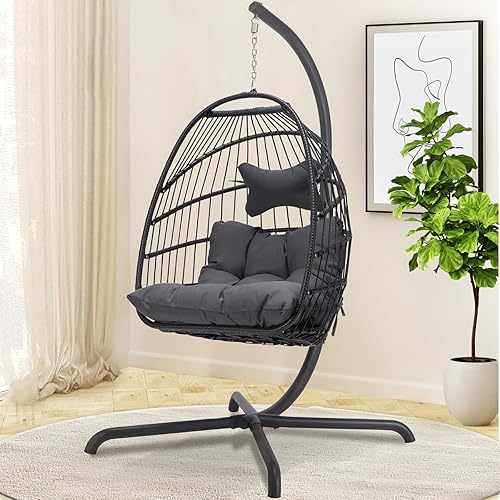 Miniatura 25 de Silla colgante de huevo, de mimbre y ratán, cojines resistentes a los rayos ultravioleta, capacidad de 350 libras, para dormitorio, balcón, patio