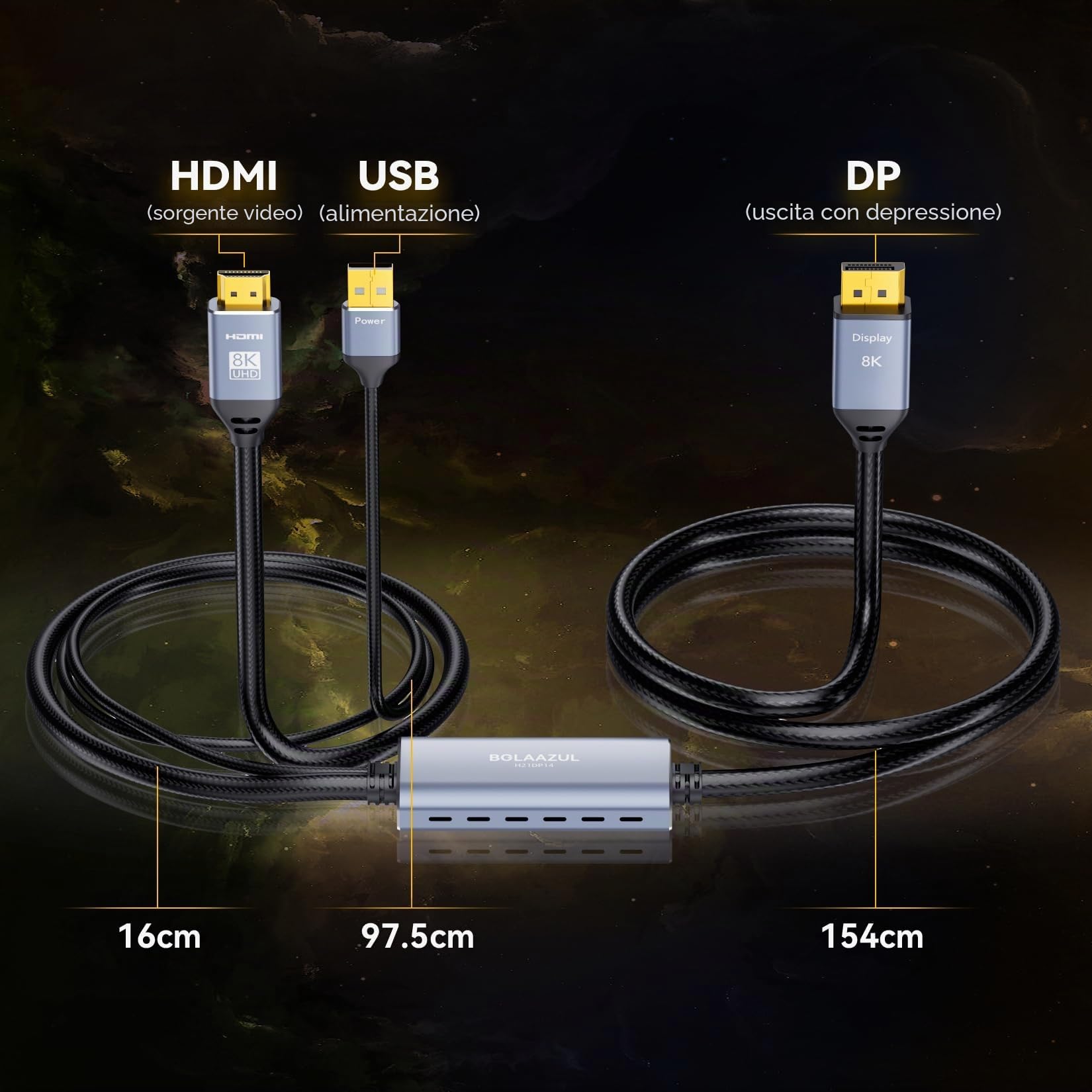 BolAAzuL Cavo adattatore HDMI 2.1 a DisplayPort Unidirezionale, dalla sorgente HDMI al display DisplayPort, supporta 8K@30Hz 4K@120Hz 2K@144Hz, alimentazione USB, intrecciato, 2M