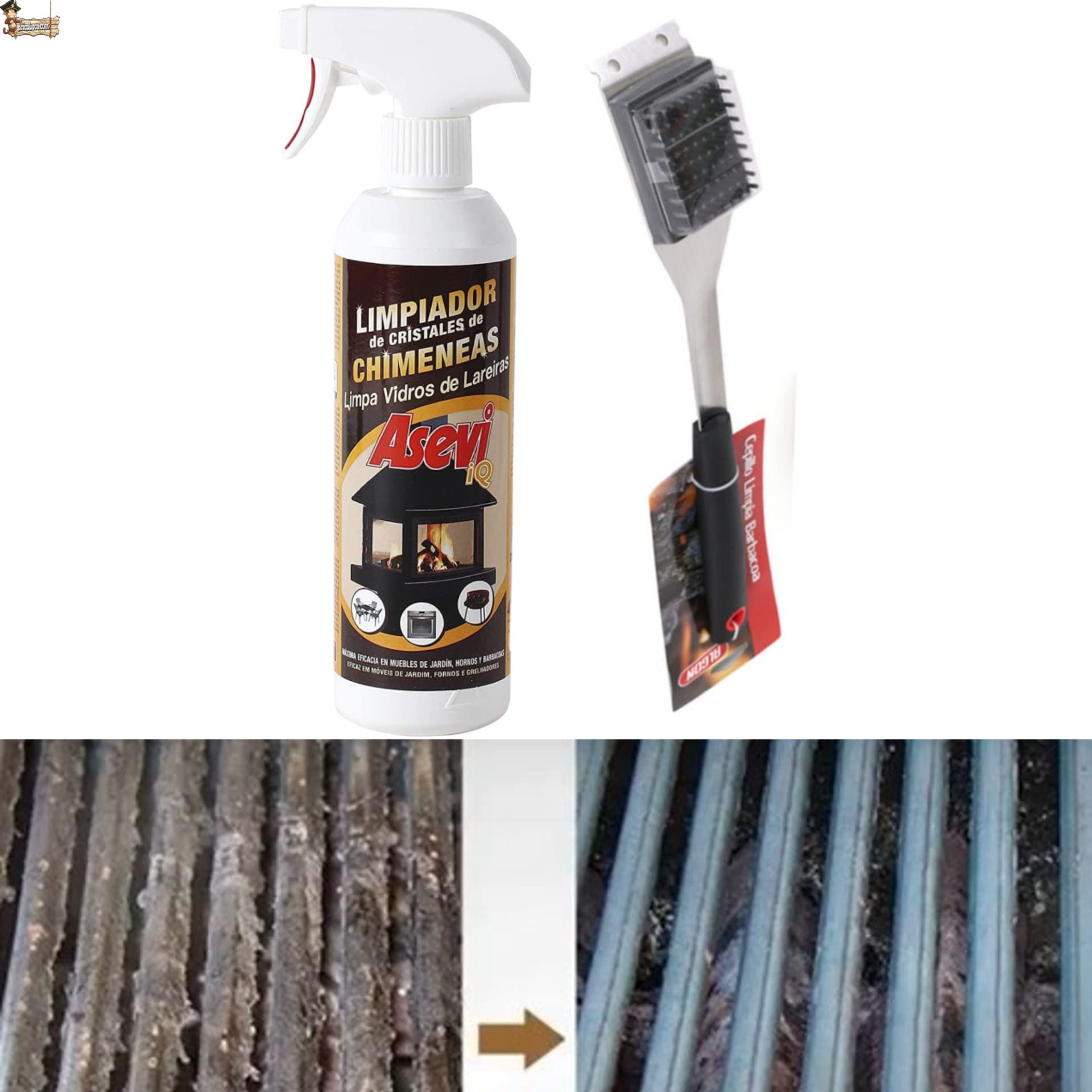 BricoLoco.com Zestaw do czyszczenia grilla: 1 szczotka + 3 płyn do czyszczenia w sprayu do grillowania, kominek, grill, akcesoria do konserwacji (3 spray + 1 szczotka)