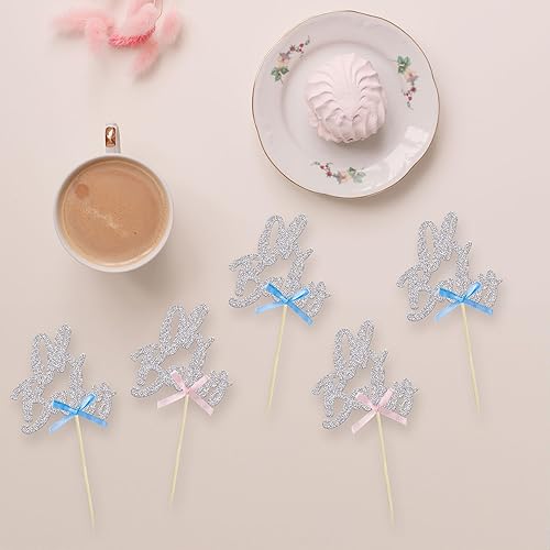 Miniatura 3 de 24 piezas Oh Baby Cupcake Toppers Glitter Baby Shower Cupcake Picks con lazo rosa azul para revelación de género Baby Shower Niños Niñas Fiesta de