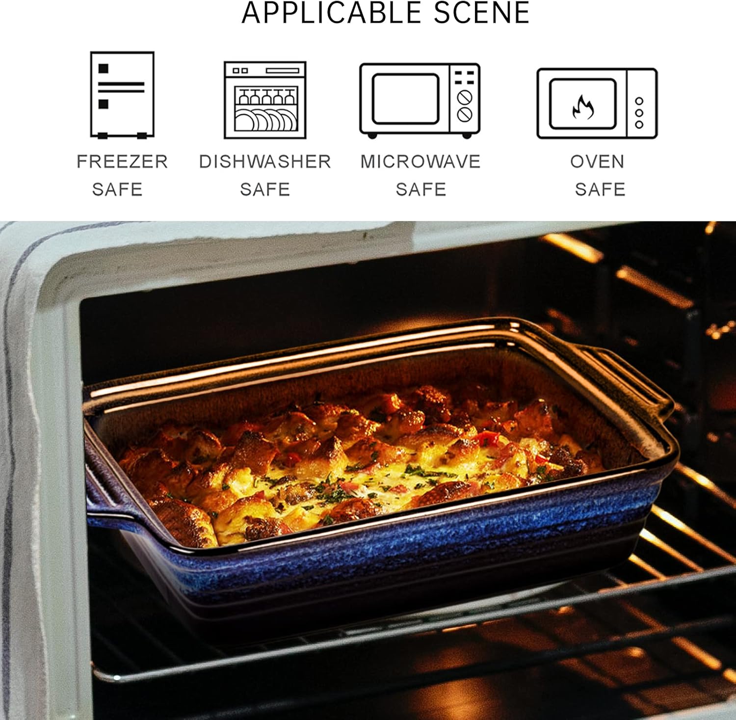 UNICASA Casserole Baking Dish with Lid - Ceramic Blue Lasagna Pan 3.2 Quart, Large Covered Bakeware Set 9x13 for Cooking, Stoneware Bakers Microwave Oven Safe - Reactive Glaze Blue - Image 3