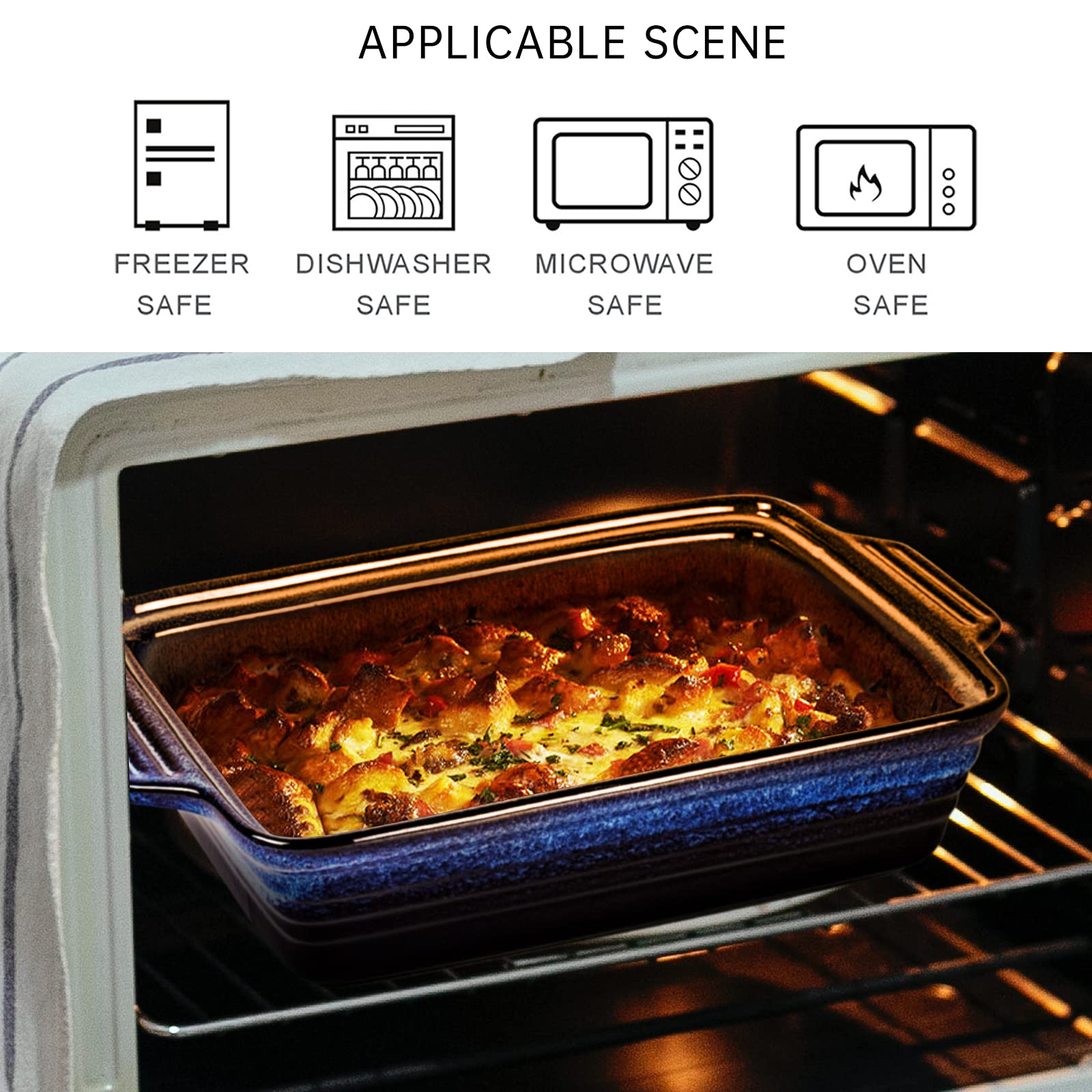UNICASA Plat à Rôtir Céramique avec Couvercle, Cocotte Rectangulaire Bleu 3000 ML, Moule Passe au Four à Micro-Ondes - Glaçure Réactive, Bleu - 3 L