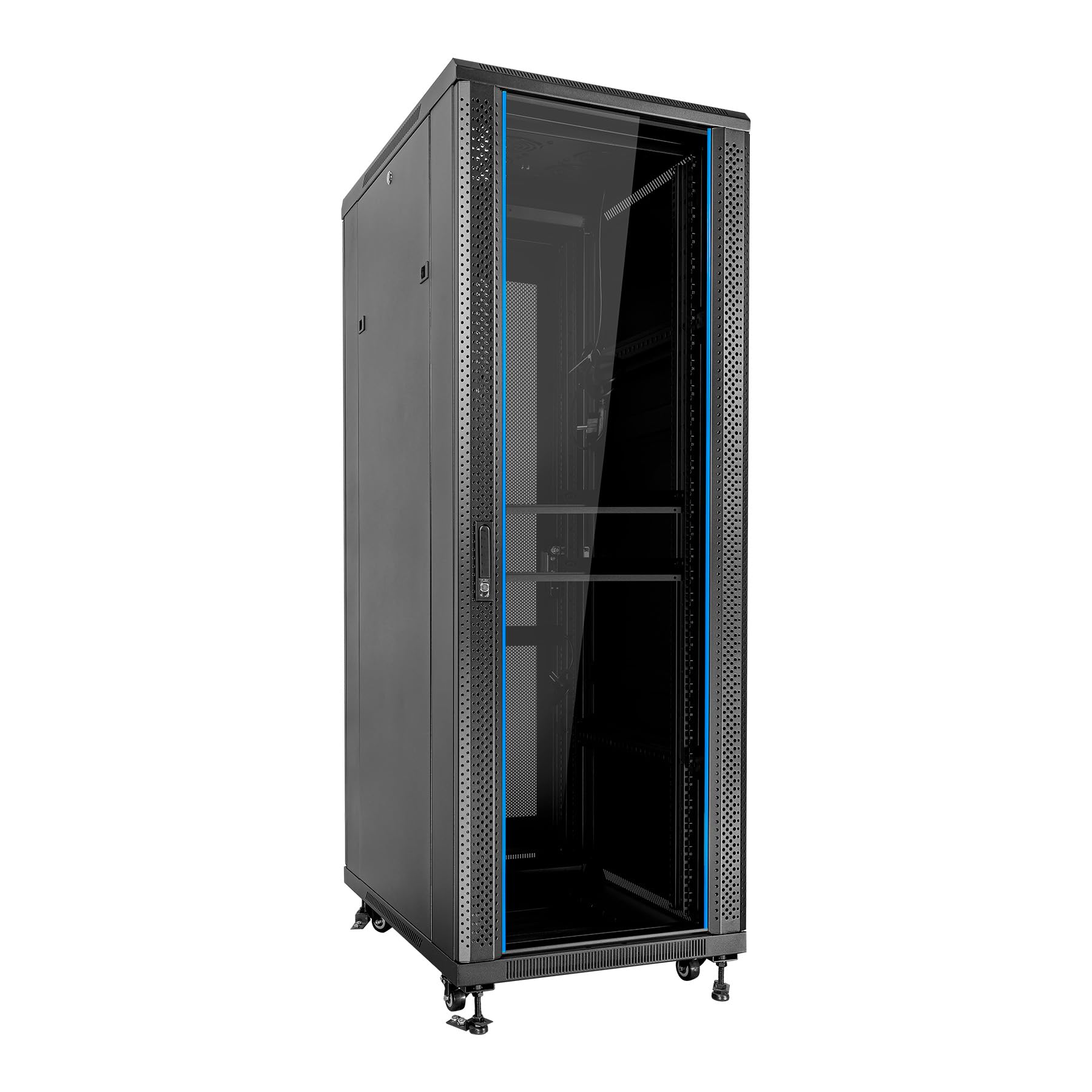 Aiten Data Armario Rack Suelo 19" 37U 600 x 600 x 1840 mm Montado con Accesorios: 2 Bandejas Fijas, 4 Ventiladores 120 mm, 1 PDU con 8 Puertos de 1U, Patas, Ruedas y Llaves