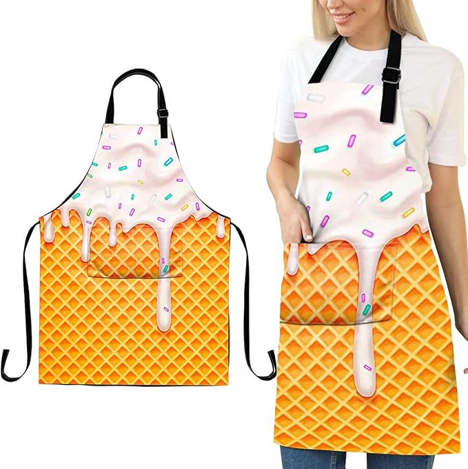 LMSM Ice Cream Apron Melting Ice Cream Cones Colored Sprinkles Funy Apron With Adjustable Neck For Unisex Kitchen