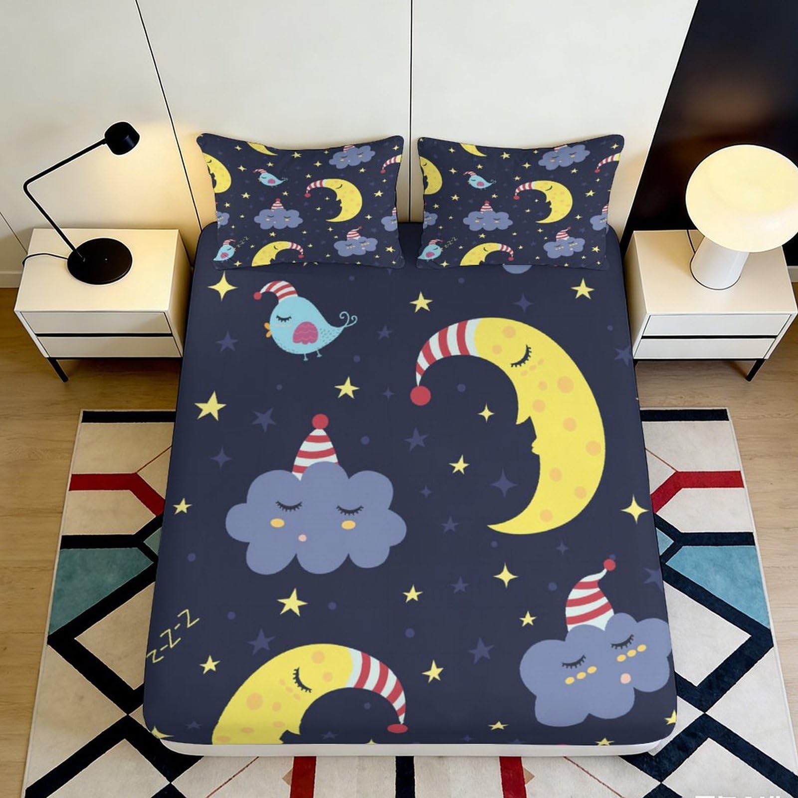 3D Printed Night Sky Fitted Sheet Microfiber Soft Breathable Moon Cloud Bed Cover for Bedroom Dormitory Guest Room Mattress Protection 180x200x25cm