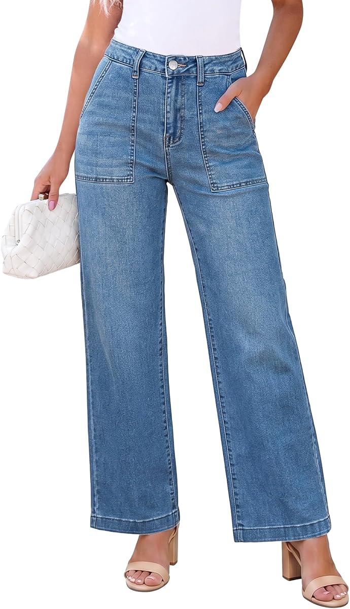 GRAPENT Jeans for Women High Waisted Straight Leg Jeans Stretchy Trendy Wide Leg Denim Pants Jean Trousers Patch Pockets