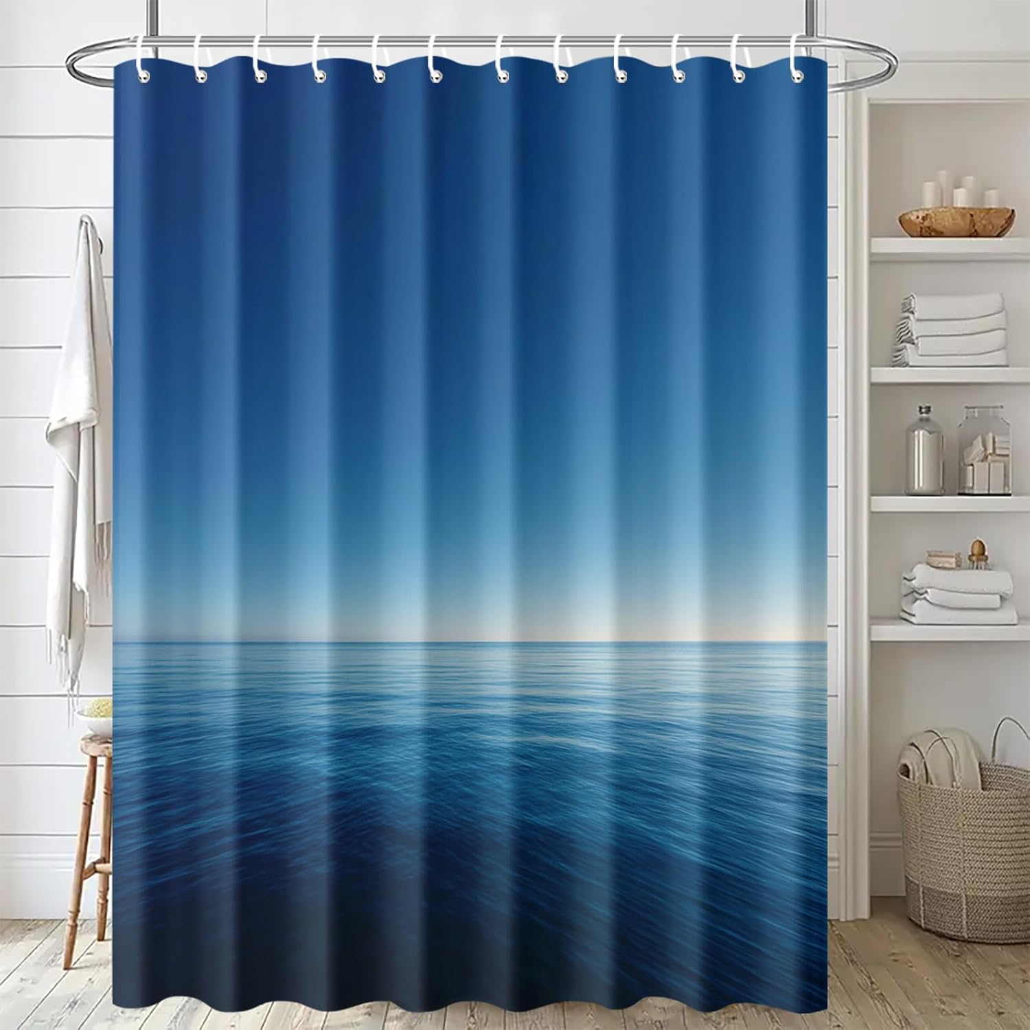Ocean Horizon Shower Curtain 72x72 Inch with Hooks Minimalist Blue Sky and Sea Design Fabric Bathroom Decor with Calm Water and Clear Horizon for Zen Spa Modern Bathtub