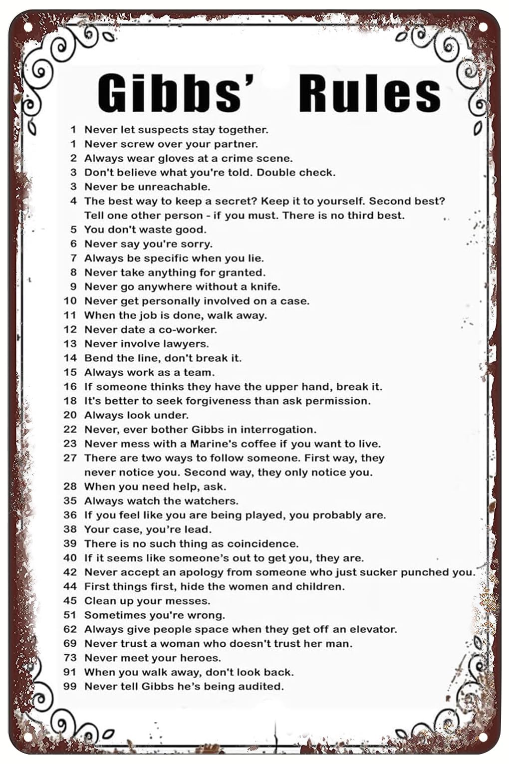 Gibbs' Rules Vintage Tin Sign Quote Posters Tin Signs for Home Kitchen Coffee Garden Bar Office Decor Plaque 8x12inch