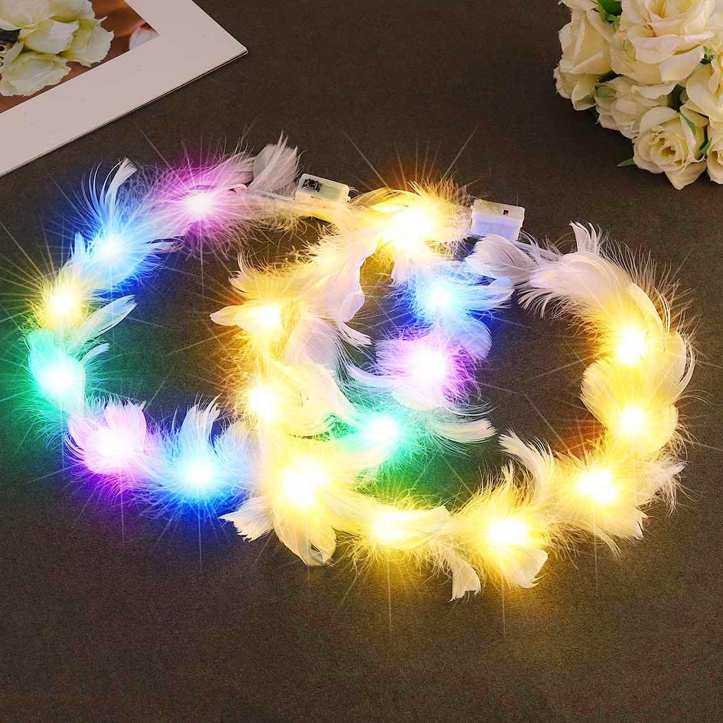 Zoestar LED Feather Headbands Light Up Headband Flashing Glowing Headpiece Festival Party Hair Accessories for Women and Girls,Pack of 2