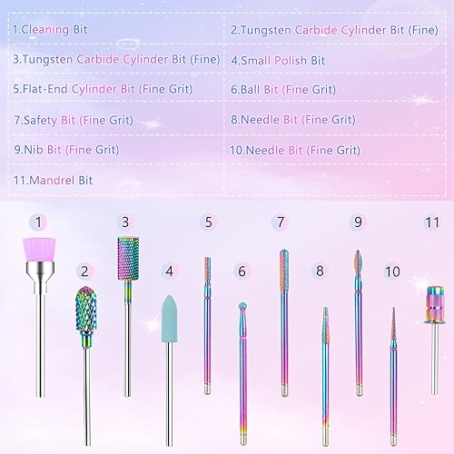 Miniatura 4 de Juego de 11 brocas de carburo de tungsteno 332 profesionales para taladro de uñas E-file con 75 bandas de lijado de uñas (#80#120#180) para uñas de