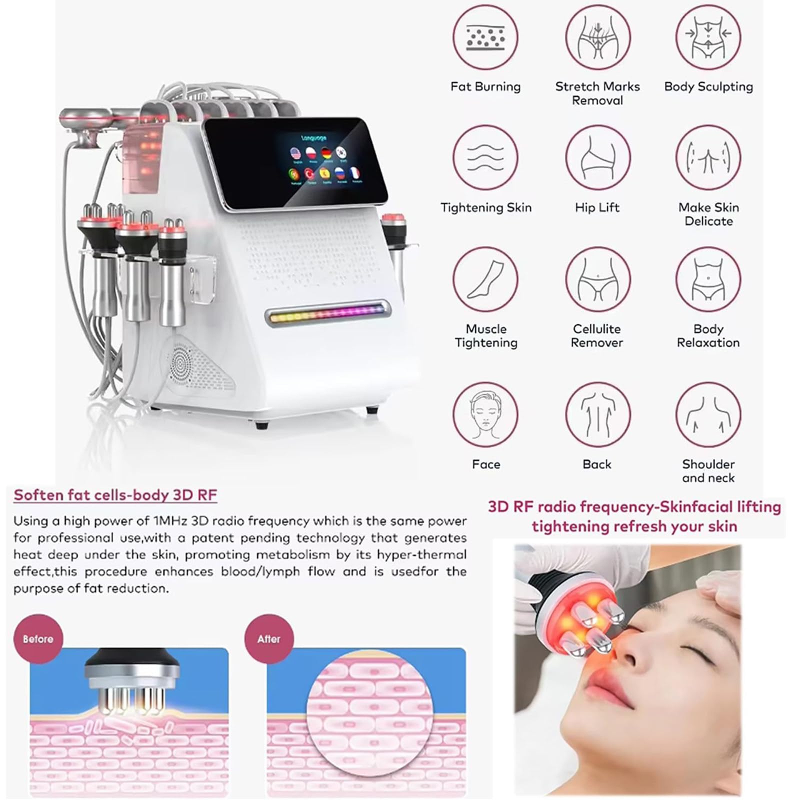 Appareil modelage corporel Professionnel 11 en 1, cavitation 80 K, radiofréquence, Vide, LED, lipolaser et EMS, équipement Multifonctionnel pour brûler Graisses, Amincissant, Spa