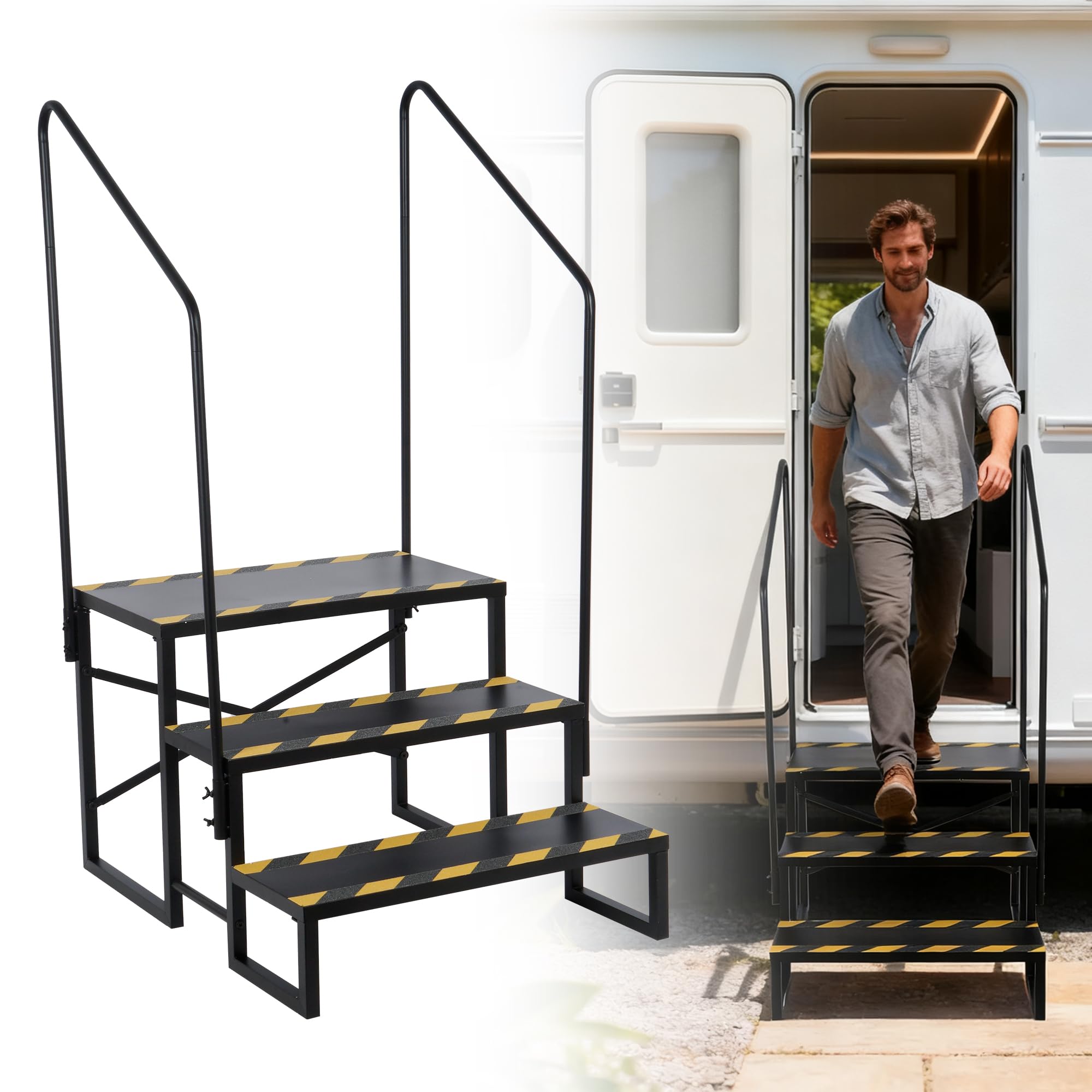 petour 3 Step Caravan Steps, Heavy Duty RV Stairs with Handrail, Mobile Home Step Ladder with Handle, Non-Slip Steps for Safe Entry and Exit, for Travel Trailer, Camper, Hot Tub, and Pool Spas