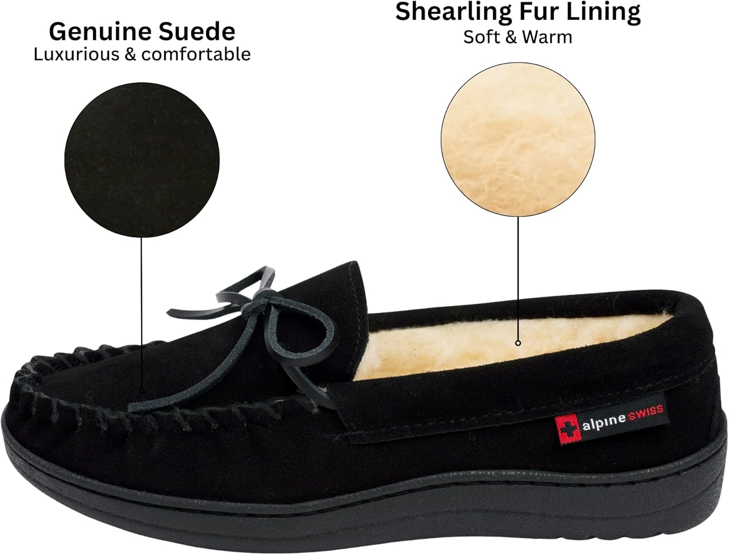 Alpine Swiss Sabine Womens Moccasin Slippers Genuine Suede House Shoe Memory Foam Insole Plush Faux Shearling Fur Indoor Outdoor Anti-Slip Rubber Sole - Image 2