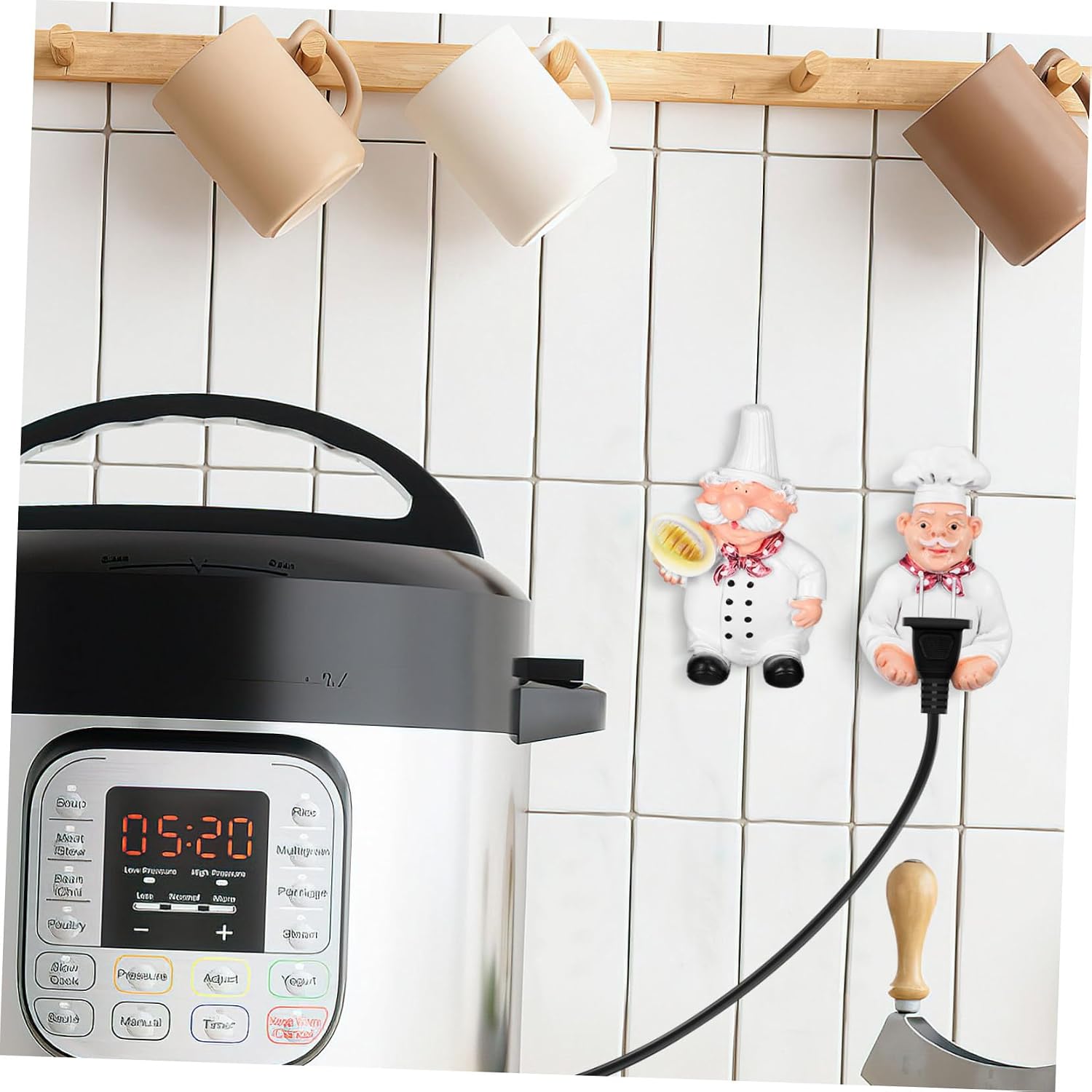 1Pair Chef Shape Wall Mount Hooks No Drilling Adhesive Power Plug Hooks Assorted Color Kitchen Organizer for Appliances Decorative and Functional Chef Design Easy Installation