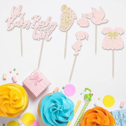 Miniatura 3 de 24 adornos para cupcakes de bebé niña con lazo, huellas, cisne, rosa claro, brillantina, baby shower, revelación de género, decoración para baby