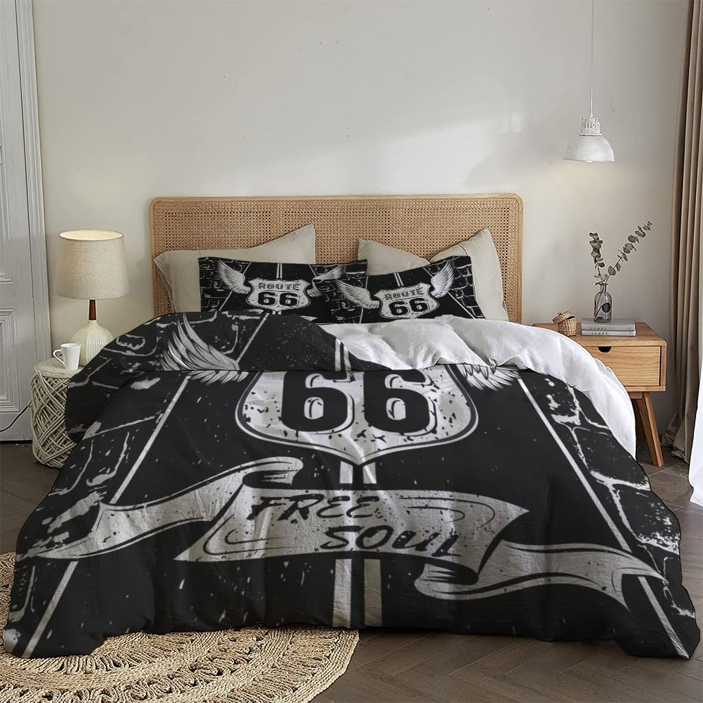 NIBAINLO 布団カバーフリーソウルルート66ハイウェイ標識 肌に優しい ピーチスキン加工 掛け布団カバー 和式 洋式 あったか 布団カバーセット リバーシブル ホームステイ ホテル 家庭兼用