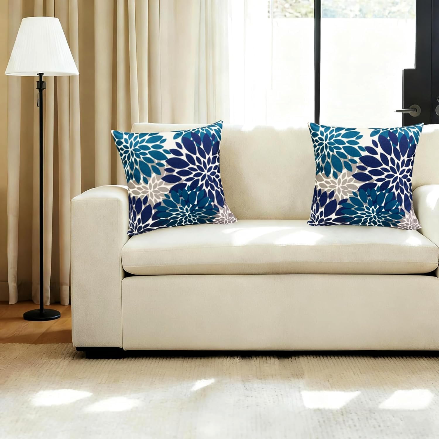 Decorative Throw Pillow Covers Set of 2 Blue Pillow Covers 22x22 Inch Couch Pillow Covers for Sofa Living Room Outdoor Throw Pillow Cover Linen Square Floral Flower Farmhouse Pillowcase