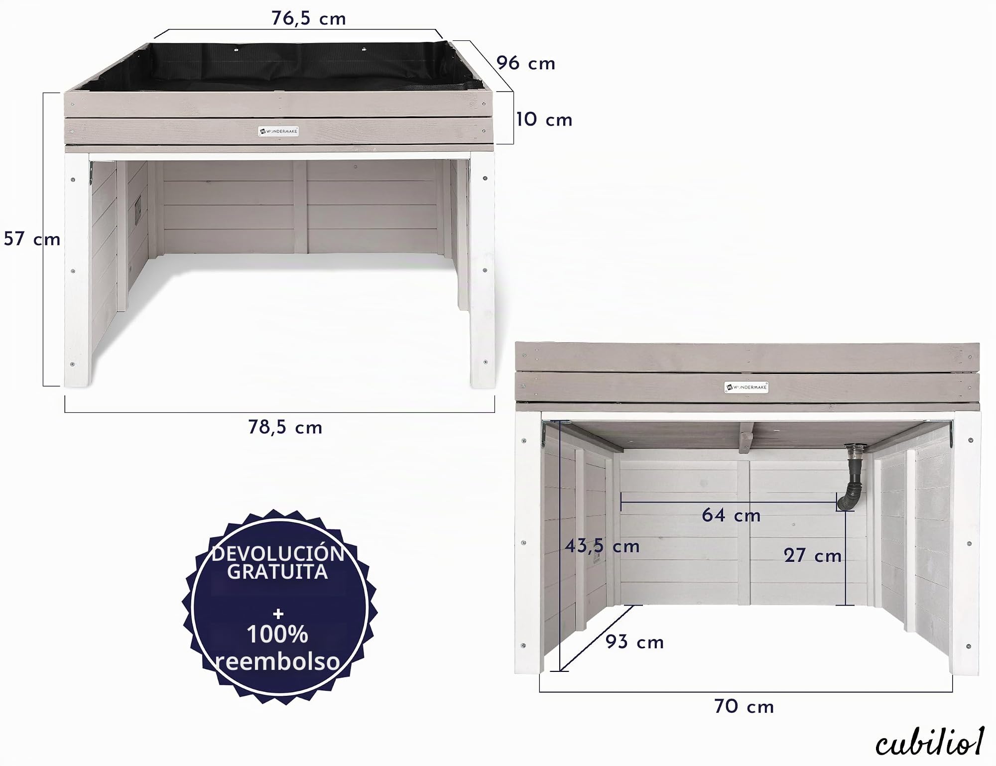 Garaje para robot cortacésped XXL universal con drenaje de agua, jardinera de madera, para robot cortacésped, cobertizo, garaje con techo plano, 78,5 x 96 x 57 cm, gris antracita y blanco