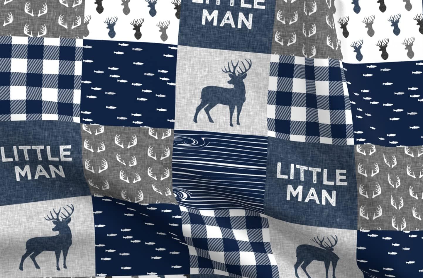 Spoonflower Fabric - Little Man Navy Blue Gray Buck Antlers Hunting Quilt Topper Wholecloth Printed on Organic Cotton Sateen Fabric by The Yard - Sewing Quilting Apparel Home Decor