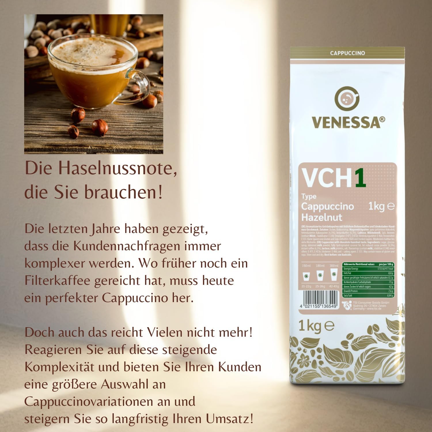 VENESSA VCH 1 Cappuccino orzech laskowy, 10 x 1 kg, bardzo wydajny, rozpuszczalna kawa rozpuszczalna o smaku orzechów laskowych, aromatyczna, kremowa, wszystkie ekspresy do kawy Vending & Office