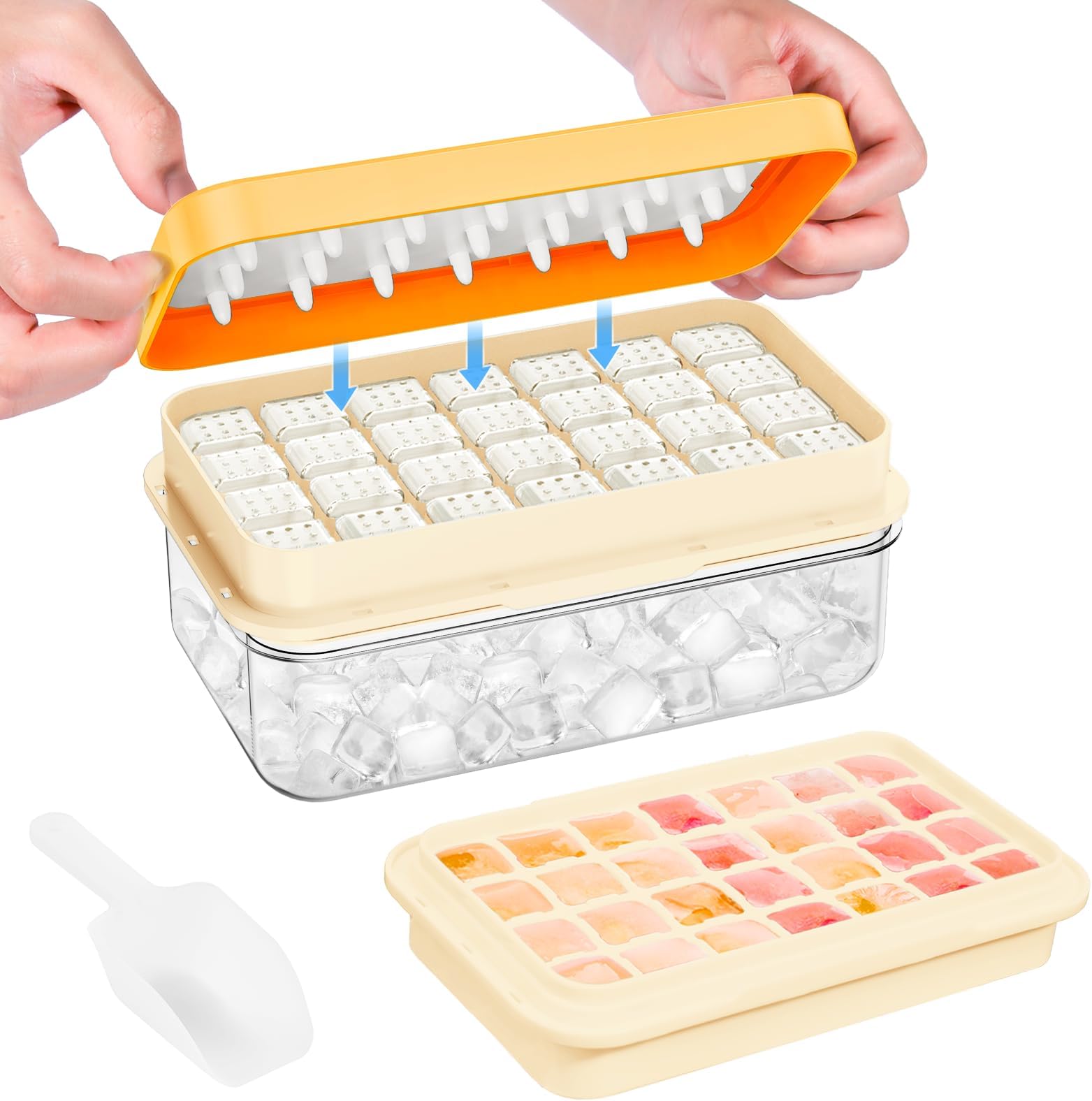 Ice Cube Tray with Lid and Bin, 28 pcs Ice Cubes Molds, Ice Trays for Freezer, Ice Cube Tray Mold, with 1 tray, Ice Freezer Container, Spill-Resistant Removable Lid & Ice Scoop, for Whiskey,Cocktail