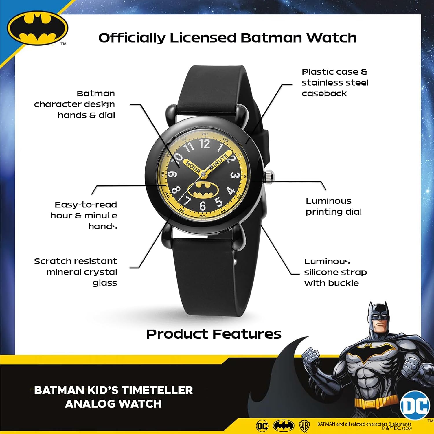 Warner Brothers DC Comics Batman Watch for Kids Ages 4–7 – Featuring Luminous Character Dial, Easy-Read Hour & Minute Hands – Batman and Robin Toys – Watches for Toddlers
