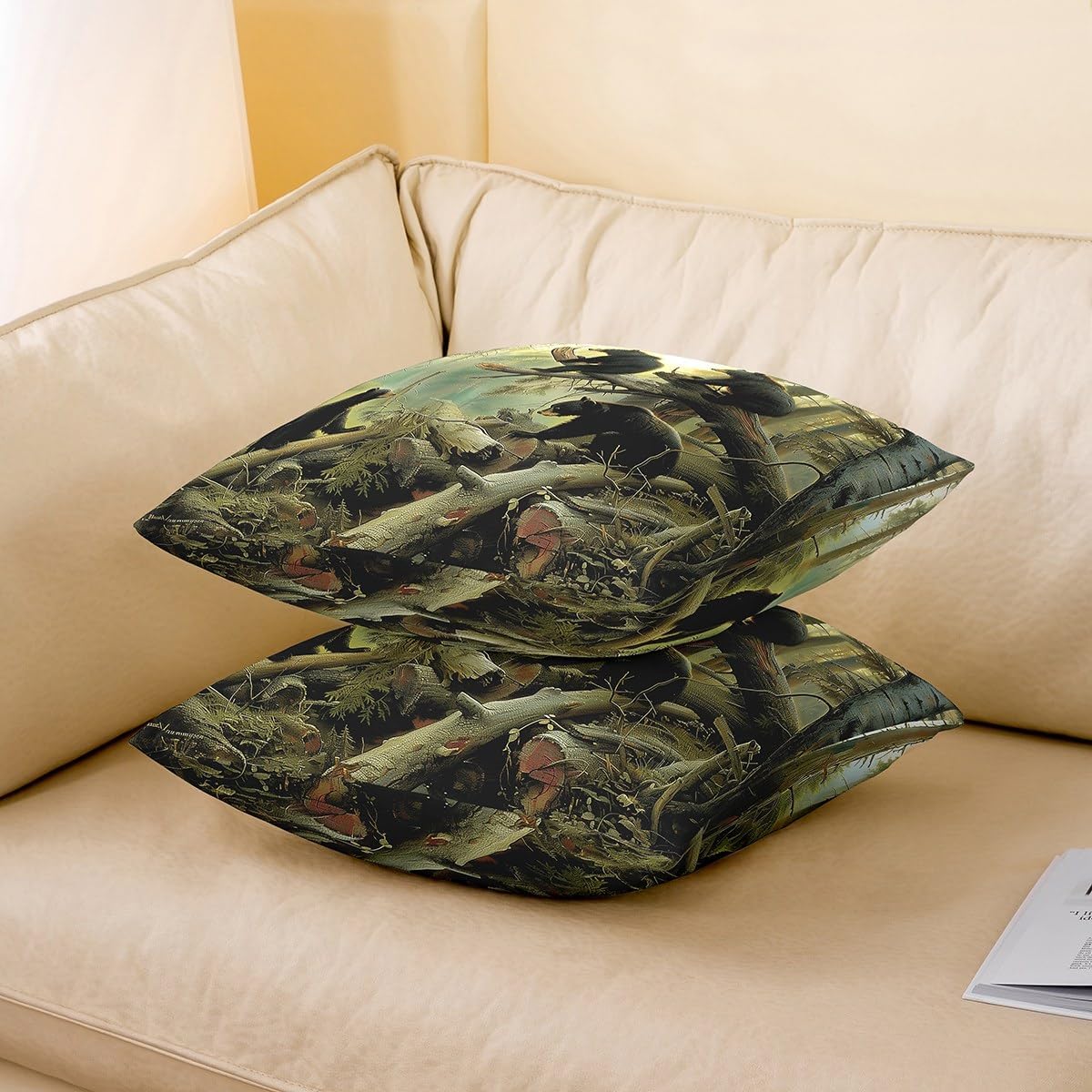 Erosebridal Set of 2 Bears Pillow Covers Room Decor,Natural Wild Animal Throw Pillow Covers 24x24 Inch for Sofa Bed Couch,Farmhouse Rustic Decorative Pillow Covers,Oil Painting Trees Cushion Covers