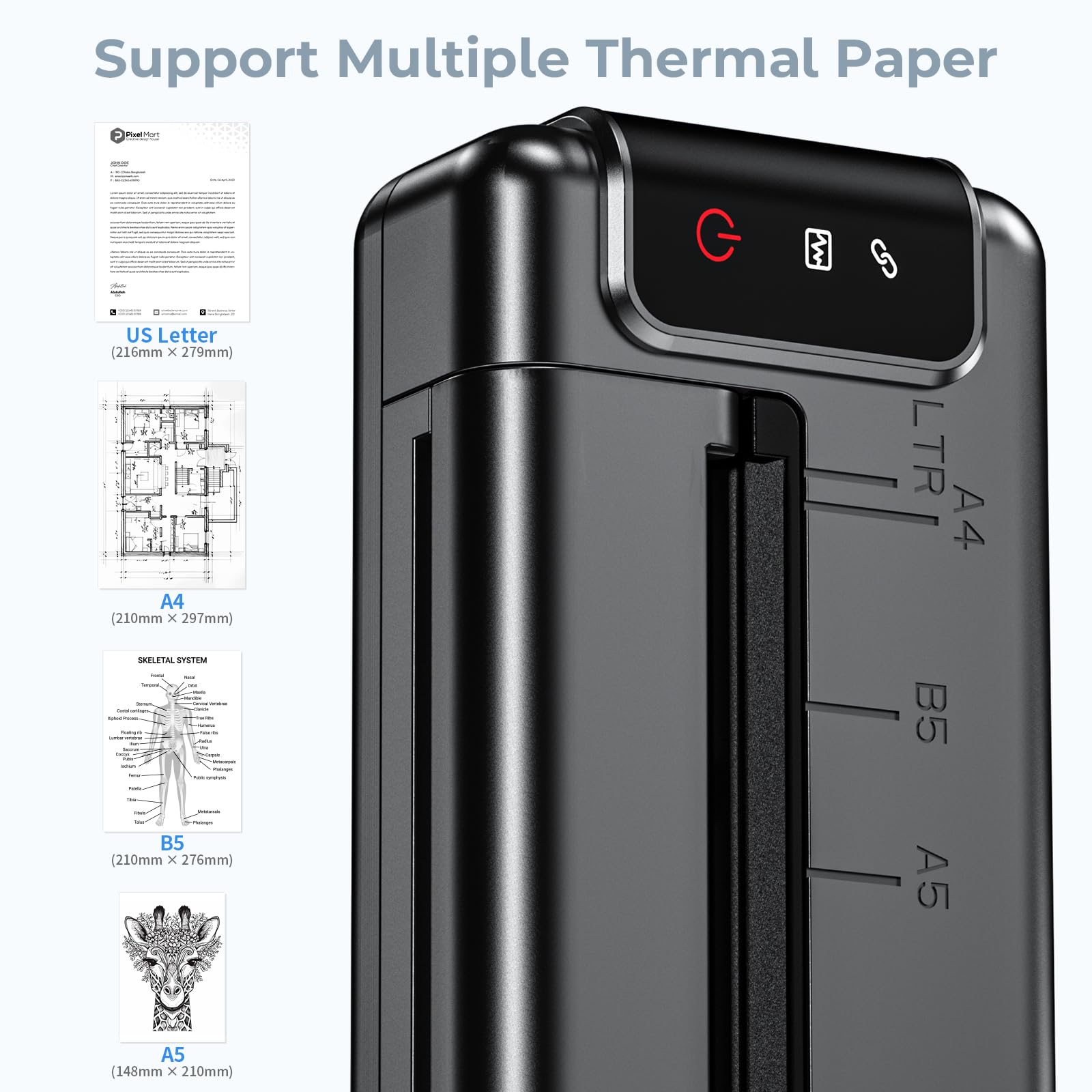 Q302 Mini Stampante Termica Portatile, 300DPI Stampante Senza Inchiostro, Supporta la Carta termica US Letter/A4/B5/A5, Connessione WiFi, Bluetooth, USB