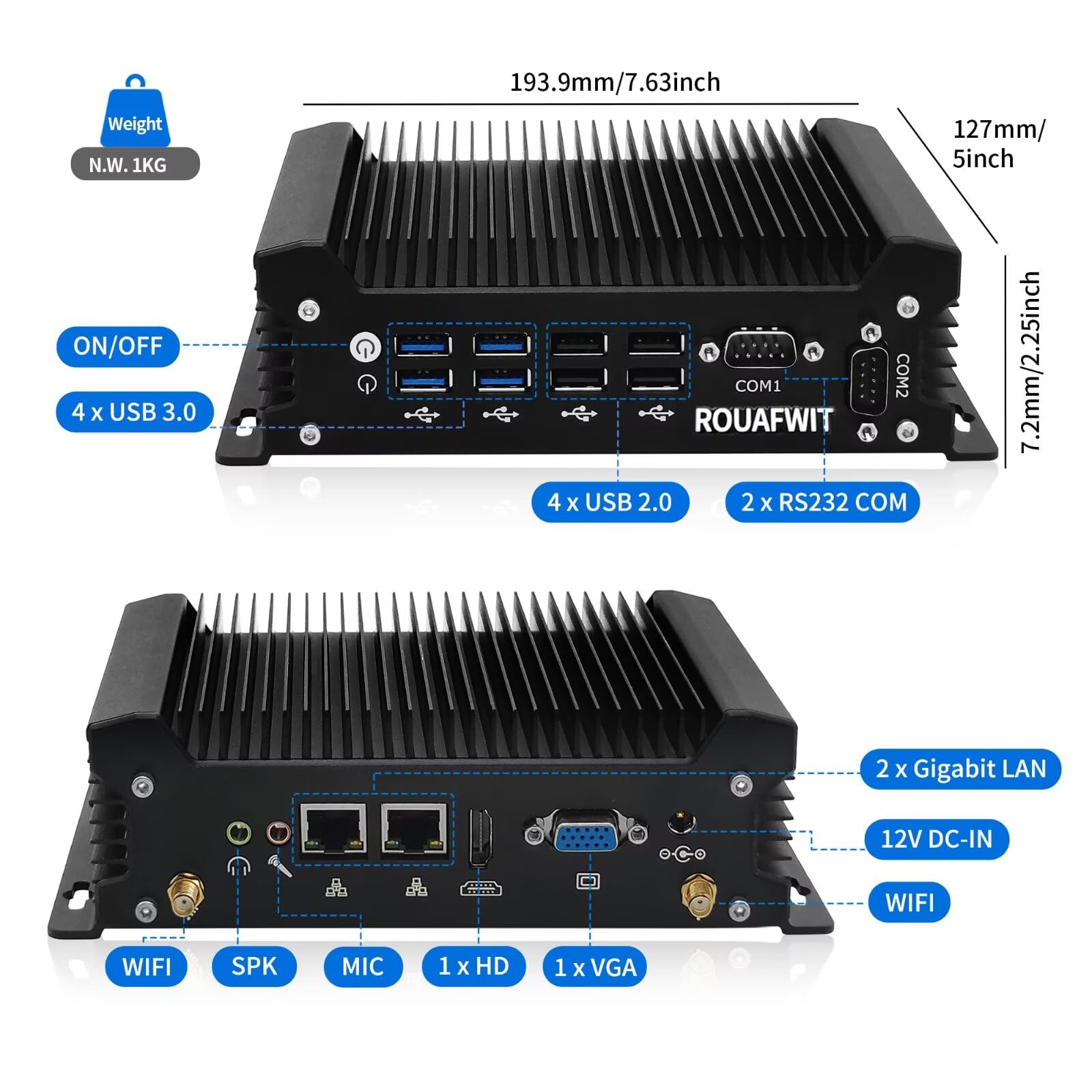 Mini PC i3 Fanless Industrial Computer Core i3-8130U Dual Lan, Win11 Pro Linux Mini Desktop PC, 8GB RAM 128GB SSD, 2RS232 COM, 4K HD, VGA, 4USB3.0, 4USB2.0, Auto Power On