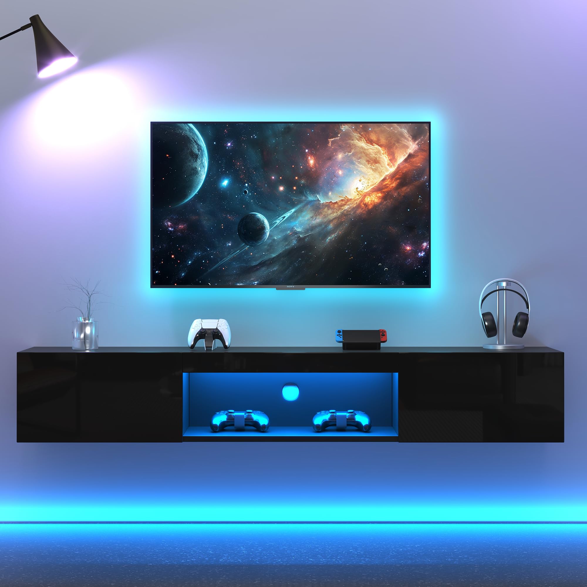Szafka pod telewizor o przekątnej 70", wisząca szafka pod telewizor z oświetleniem LED i sterowaniem za pomocą aplikacji, czarna, wysoki połysk, 160 cm, miejsce do przechowywania, zarządzanie